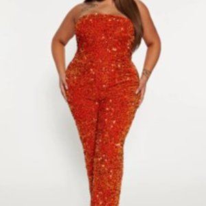 #24 Orange Sequin Strapless Invisible Zipper Jumpsuit